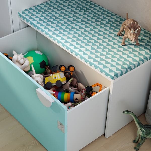 SMÅSTAD - Bench with toy storage, white/pale turquoise, 90x52x48 cm - best price from Maltashopper.com 79389154