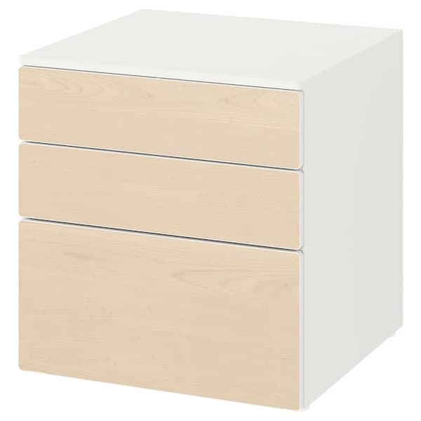 SMÅSTAD / PLATSA - Chest of 3 drawers, white/birch, 60x57x63 cm