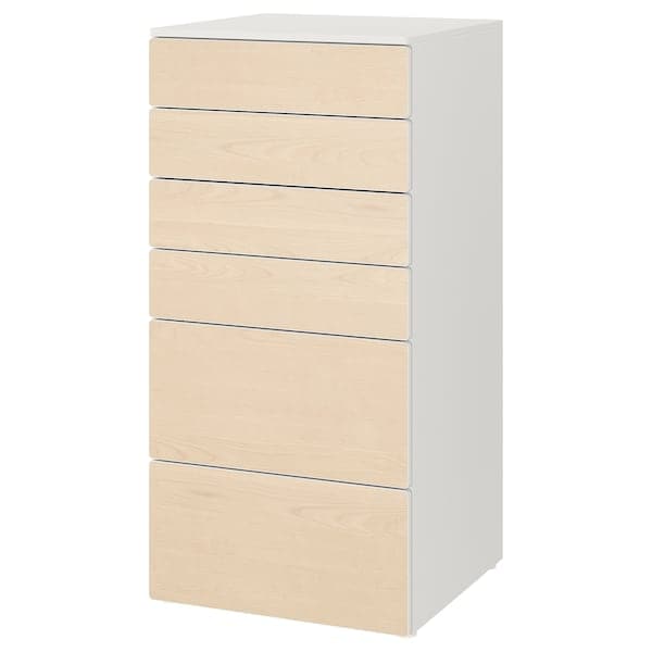 SMÅSTAD / PLATSA - Chest of 6 drawers, white/birch, 60x57x123 cm - best price from Maltashopper.com 49387731
