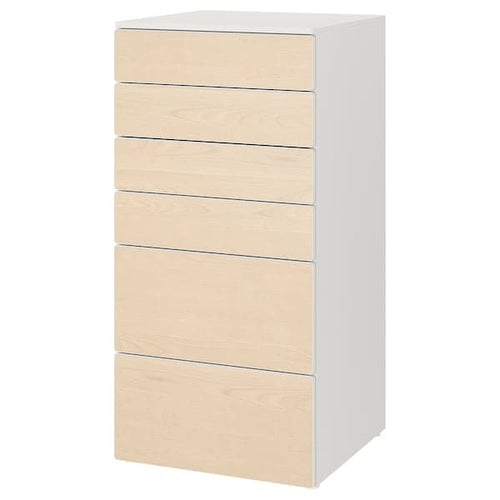 SMÅSTAD / PLATSA - Chest of 6 drawers, white/birch, 60x57x123 cm