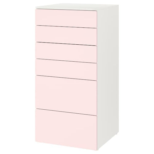 SMÅSTAD / PLATSA - Chest of 6 drawers, white/pale pink, 60x57x123 cm