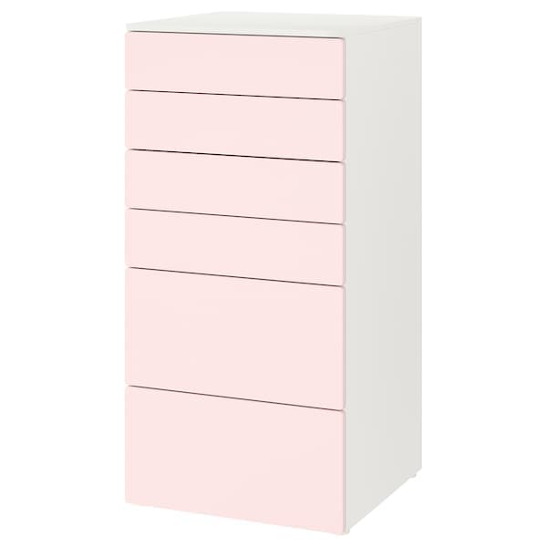 SMÅSTAD / PLATSA - Chest of 6 drawers, white/pale pink, 60x57x123 cm