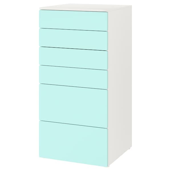 SMÅSTAD / PLATSA - Chest of 6 drawers, white/pale turquoise, 60x57x123 cm - best price from Maltashopper.com 09387667
