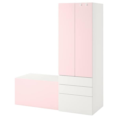 SMÅSTAD / PLATSA - Storage combination, white pale pink/with bench, 150x57x181 cm