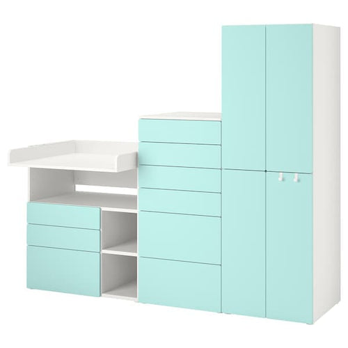 SMÅSTAD / PLATSA - Storage combination, white pale turquoise/with changing table, 210x79x181 cm