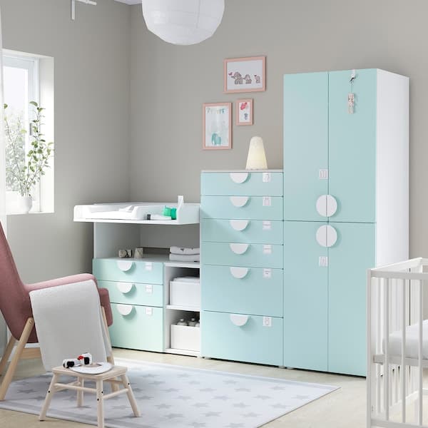 SMÅSTAD / PLATSA - Storage combination, white pale turquoise/with changing table, 210x79x181 cm - best price from Maltashopper.com 19431165