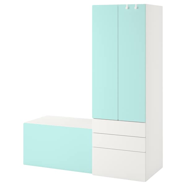 SMÅSTAD / PLATSA - Storage combination, white pale turquoise/with bench, 150x57x181 cm - best price from Maltashopper.com 29431216