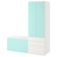 SMÅSTAD / PLATSA - Storage combination, white pale turquoise/with bench, 150x57x181 cm - best price from Maltashopper.com 29431216