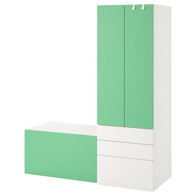 SMÅSTAD / PLATSA - Storage combination, white green/with bench, 150x57x181 cm - best price from Maltashopper.com 89431223