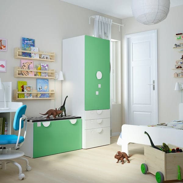 SMÅSTAD / PLATSA - Storage combination, white green/with bench, 150x57x181 cm - best price from Maltashopper.com 89431223