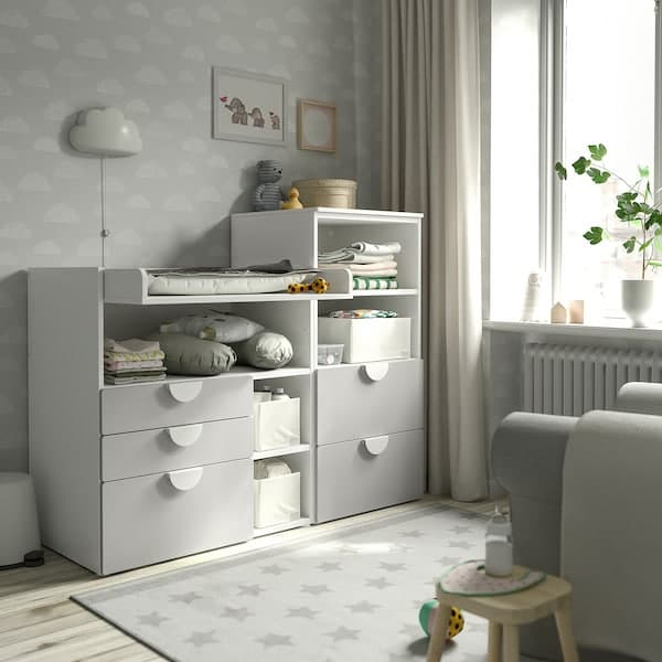 SMÅSTAD / PLATSA - Changing table, white grey/with bookcase, 150x79x123 cm