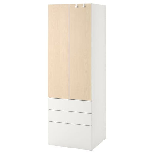 SMÅSTAD / PLATSA - Wardrobe, white/birch with 3 drawers, 60x57x181 cm