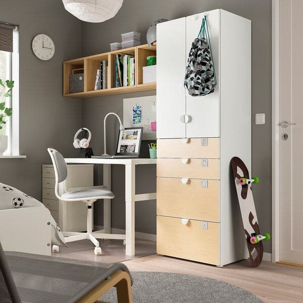 Ikea SMÅSTAD / PLATSA - Wardrobe, white/birch with 4 drawers, 60x42x181 cm