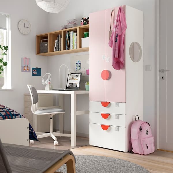 Ikea SMÅSTAD / PLATSA - Wardrobe, white pale pink/with 3 drawers, 60x42x181 cm