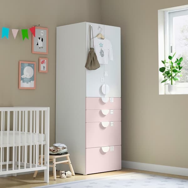 Ikea SMÅSTAD / PLATSA - Wardrobe, white pale pink/with 4 drawers, 60x57x181 cm