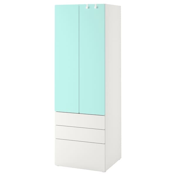 SMÅSTAD / PLATSA - Wardrobe, white pale turquoise/with 3 drawers