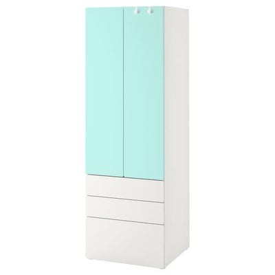 SMÅSTAD / PLATSA - Wardrobe, white pale turquoise/with 3 drawers, 60x57x181 cm - best price from Maltashopper.com 59430828