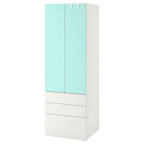 SMÅSTAD / PLATSA - Wardrobe, white pale turquoise/with 3 drawers, 60x57x181 cm