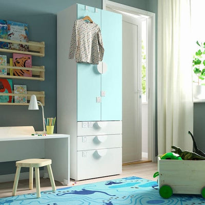 SMÅSTAD / PLATSA - Wardrobe, white pale turquoise/with 3 drawers, 60x42x181 cm - best price from Maltashopper.com 59426218