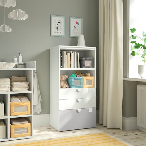 SMÅSTAD / PLATSA - Bookcase, white grey/with 3 drawers, 60x42x123 cm - best price from Maltashopper.com 79420526