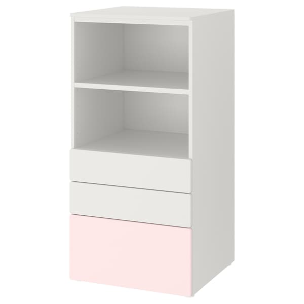 SMÅSTAD / PLATSA - Bookcase, white pale pink/with 3 drawers, 60x57x123 cm