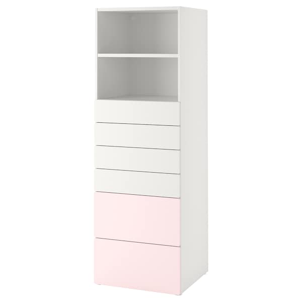 SMÅSTAD / PLATSA - Bookcase, white pale pink/with 6 drawers, 60x57x181 cm