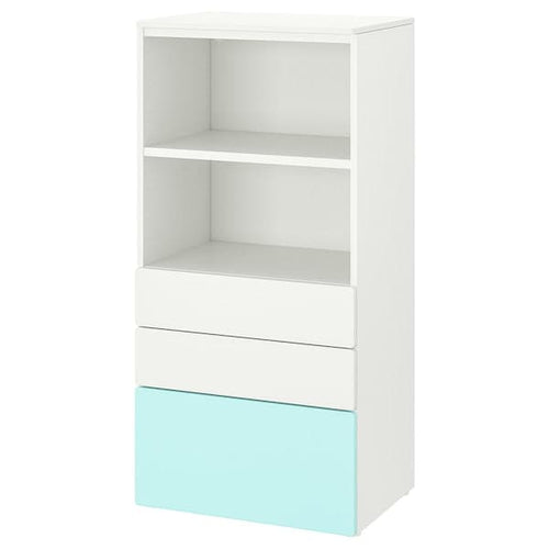 SMÅSTAD / PLATSA - Bookcase, white pale turquoise/with 3 drawers, 60x42x123 cm