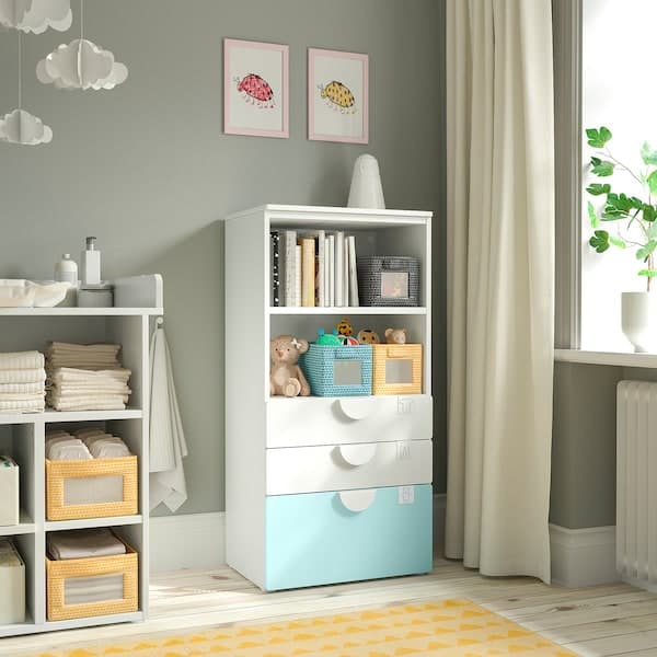 SMÅSTAD / PLATSA - Bookcase, white pale turquoise/with 3 drawers, 60x42x123 cm - best price from Maltashopper.com 49420518