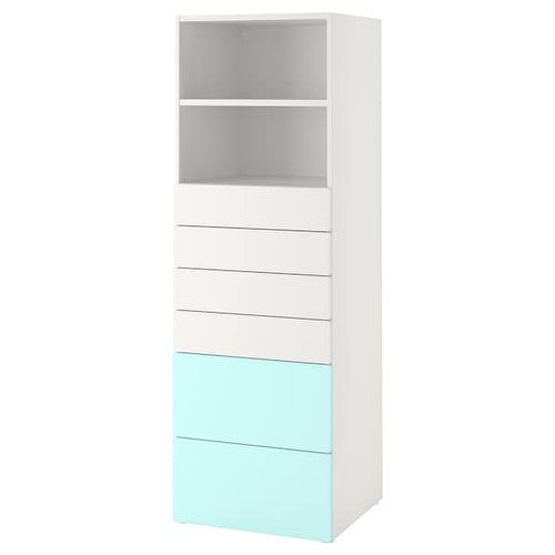 SMÅSTAD / PLATSA - Bookcase, white pale turquoise/with 6 drawers, 60x57x181 cm