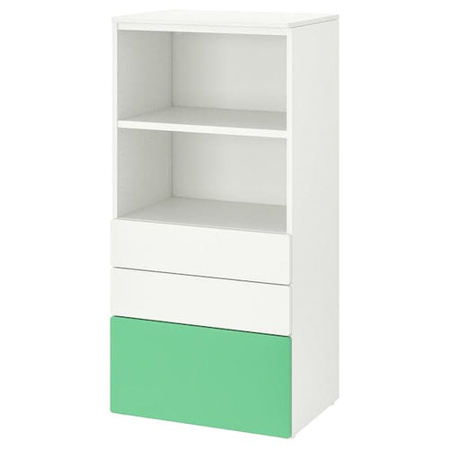 SMÅSTAD / PLATSA - Bookcase, white green/with 3 drawers, 60x42x123 cm