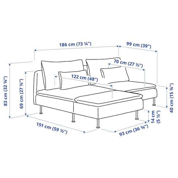 Ikea SÖDERHAMN - 2-seater sofa with chaise-longue, Tonerud red