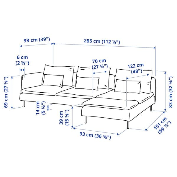 Ikea SÖDERHAMN - 4-seater sofa with chaise-longue, open end/Tallmyra blue ,