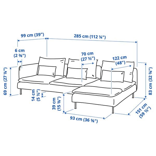 Ikea SÖDERHAMN 4-seater sofa with chaise-longue and open end piece Fridtuna/dark grey ,