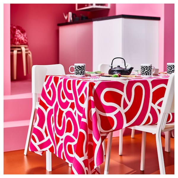 SÖTRÖNN - Tablecloth, patterned white/bright red bright pink, 145x240 cm