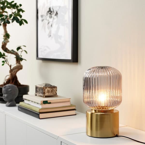 Ikea SOLKLINT Table lamp - brass/transparent grey glass 28 cm