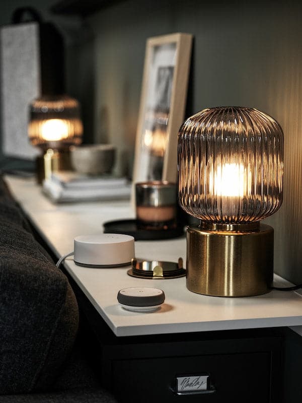 SOLKLINT Table lamp - brass/transparent grey glass 28 cm - best price from Maltashopper.com 70464275