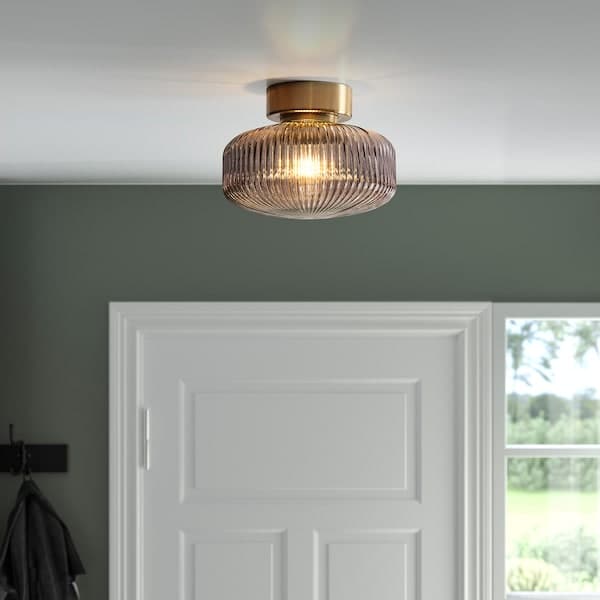 SOLKLINT - Ceiling lamp, brass/grey clear glass