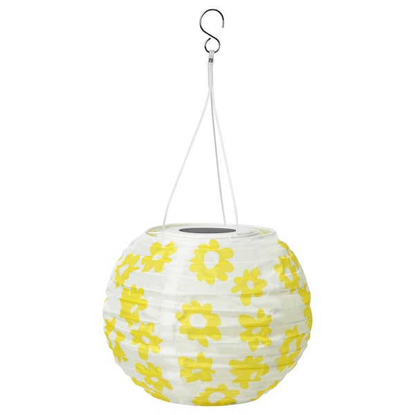 SOLVINDEN - LED solar-powered pendant lamp, outdoor globe/yellow flower, 22 cm