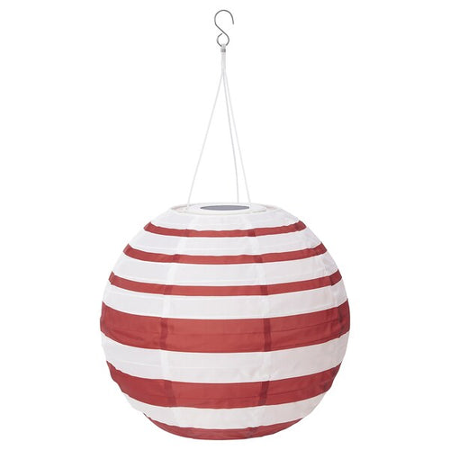 SOLVINDEN - LED solar-powered pendant lamp, outdoor globe/red stripe, 30 cm