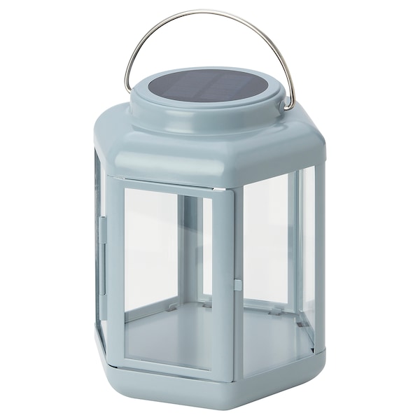 SOLVINDEN - LED solar-powered table lamp, lantern/light blue, 17 cm