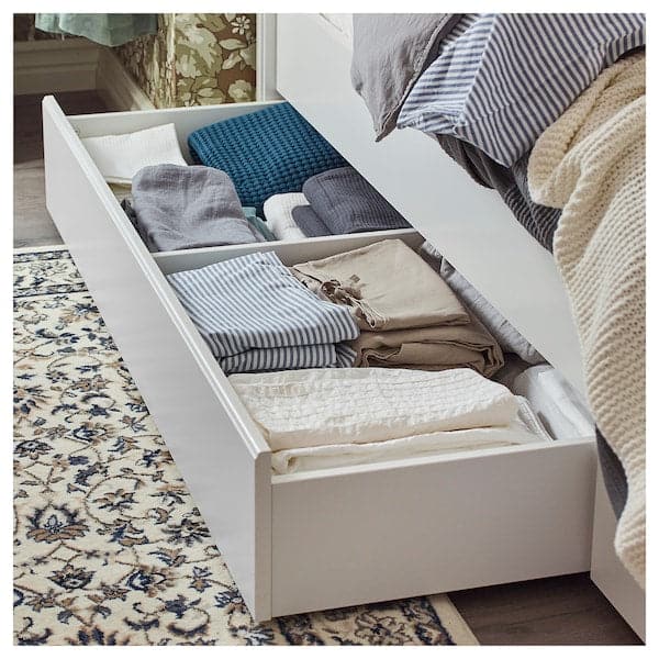 SONGESAND Bed frame with 2 storage units, white/Lindbåden, 90x200 cm - best price from Maltashopper.com 89495045