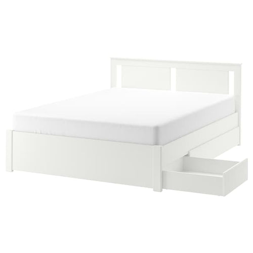 SONGESAND Bed frame with 2 storage units, white/Lindbåden, 160x200 cm