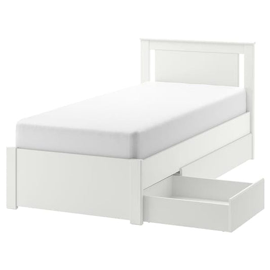 Ikea SONGESAND Bed frame with 2 storage units, white/Lindbåden, 90x200 cm