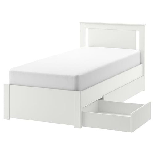 SONGESAND Bed frame with 2 storage units, white/Lindbåden, 90x200 cm