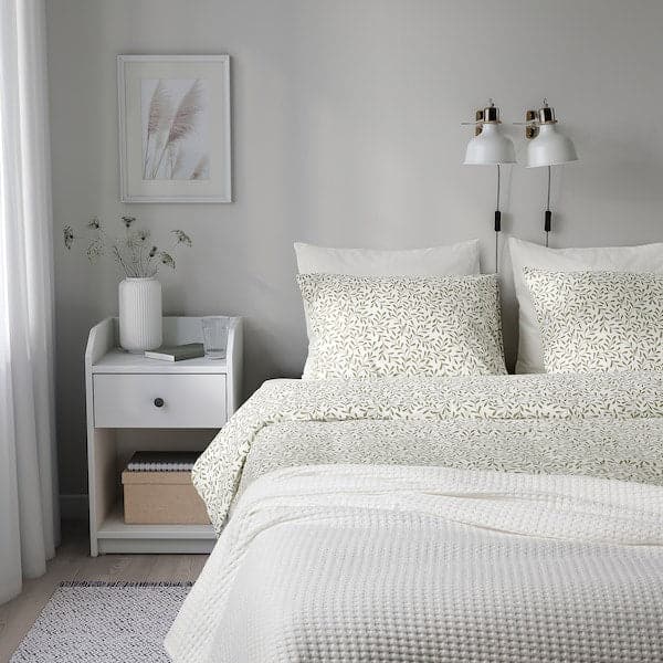 Ikea SORGMANTEL - Duvet cover and 2 pillowcases, white/green, 240x220/50x80 cm