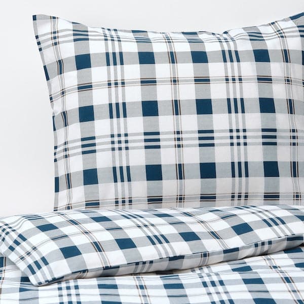 Ikea SPIKVALLMO - Duvet cover and pillowcase, white blue/check ,
