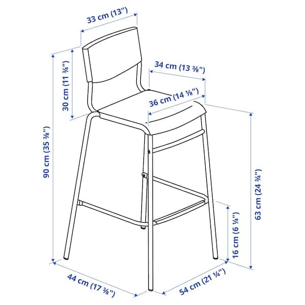Ikea STIG - Bar stool with backrest, black/black, 63 cm