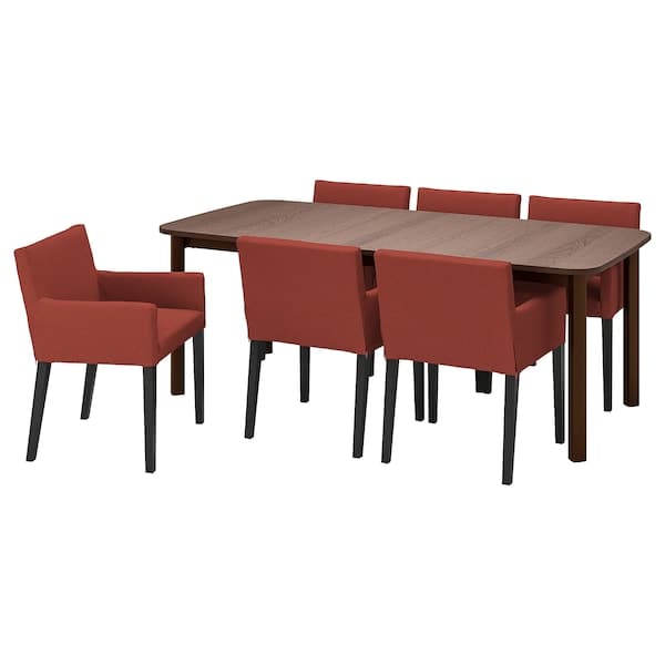 STRANDTORP / MÅRENÄS - Table and 6 chairs with armrests, black/Gunnared brown,