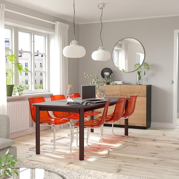 STRANDTORP / TOBIAS - Table and 6 chairs, brown/brown/red chrome-plated, 150/205/260 cm - best price from Maltashopper.com 79484896