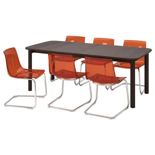 STRANDTORP / TOBIAS - Table and 6 chairs, brown/brown/red chrome-plated, 150/205/260 cm